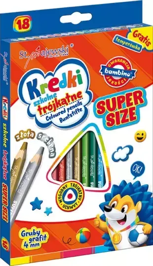 Kredki 18-kol. trójkątne + temperówka, Super Size, Bambino