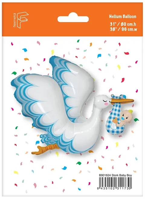 Balon foliowy 24" (60cm) FX - Bocian Baby Boy, pakowany, Flexmetal