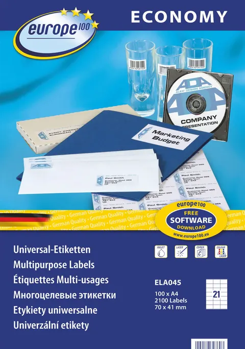 Etykiety uniwersalne Economy Europe100 by Avery Zweckform; A4, 100 ark./op., 70 x 41 mm, białe /ELA045/