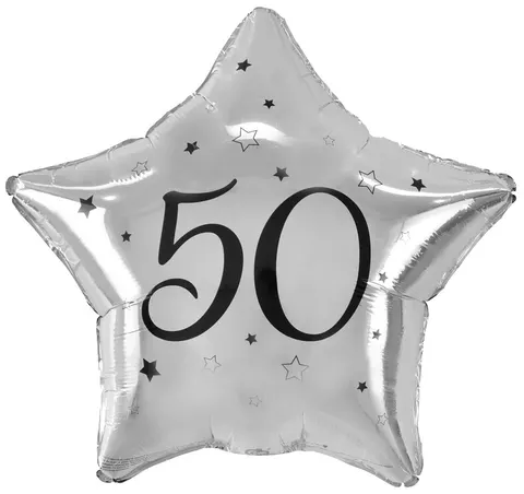 Balon foliowy "50" gwiazda srebrna, nadruk czarny, 19", GoDan