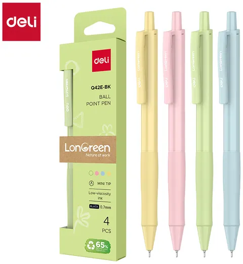Długopis kulkowy Deli EQ42E-BK, LonGreen, czarny wkład - opakowanie 4 sztuki, mix kolorów