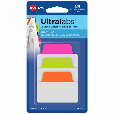Zakładki indeksujące Avery 74753 Ultra Tabs 50,8 x 38,1 mm, 24 szt. - neonowy: zielony , pomarańczowy, żółty
