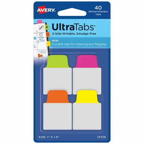 Zakładki indeksujące 25,4x38mm pp 4x10szt. neon AVERY ZWECKFORM ULTRA TABS usuwalne 40szt. /74759/