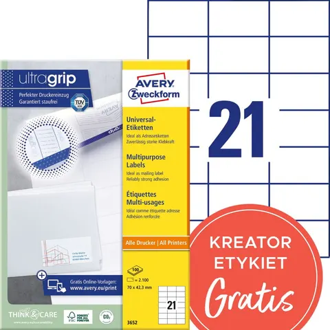 Trwałe etykiety papierowe 70 x 42,3 mm, białe etykiety samoprzylepne, etykiety do druku 100 ark. / op., Avery 3652