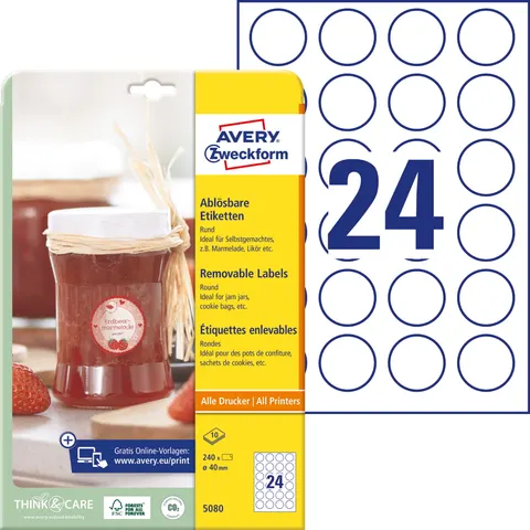 ETYKIETY PAPIEROWE USUWALNE OKRĄGŁE 40mm AVERY ZWECKFORM 10ark 240etykiet BIAŁE /5080/