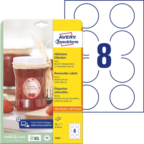 ETYKIETY PAPIEROWE USUWALNE OKRĄGŁE 65mm AVERY ZWECKFORM 10ark 80etykiet BIAŁE /5081/