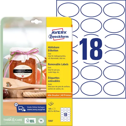 ETYKIETY PAPIEROWE USUWALNE OWALNE 63,5x42,3mm AVERY ZWECKFORM 10ark 180etykiet BIAŁE /5087/