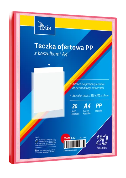 Teczka ofertowa A4 PP 20 koszulek czerwona, Tetis