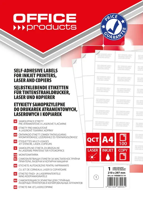 Etykiety OFFICE PRODUCTS, 210x297mm, białe, 100 ark