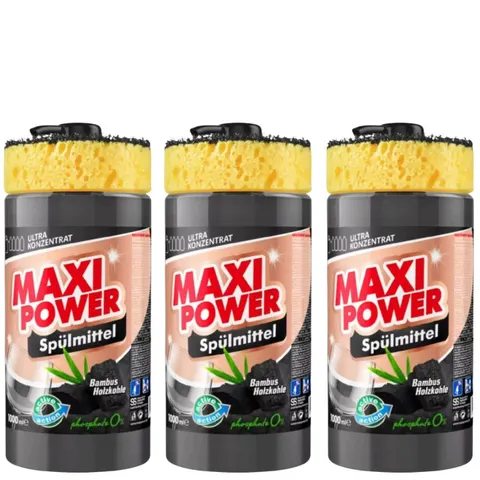 MAXI POWER Płyn do naczyń WĘGIEL BAMBUSOWY pompka+gąbka 1l, pakiet 3 szt.