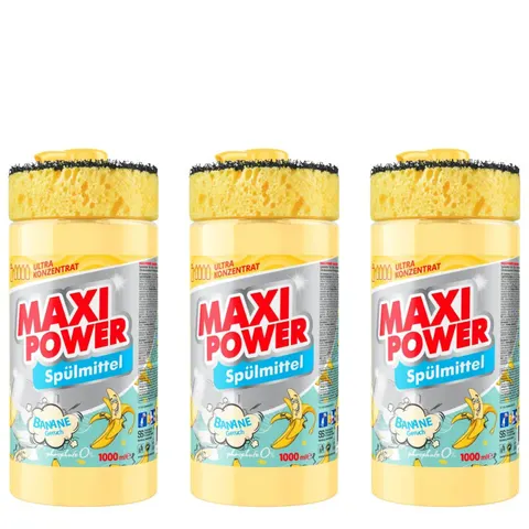 MAXI POWER Płyn do naczyń BANANOWY pompka+gąbka 1 l, pakiet 3 szt.