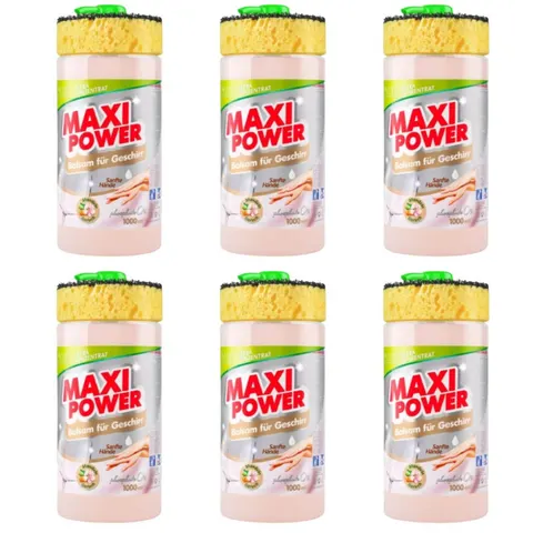 MAXI POWER Płyn do naczyń DELIKATNY, MIGDAŁOWY pompka+gąbka 1 l, pakiet 6 szt.