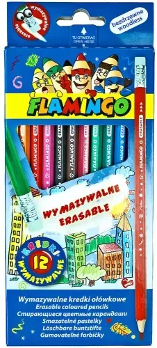 Kredki ołówkowe wymazywalne Flamingo - 12 kolorów, z gumką