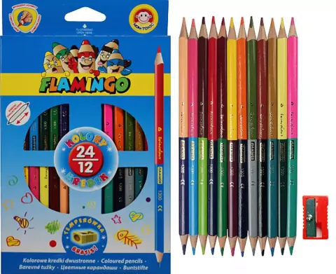 Kredki ołówkowe Flamingo dwustronne - 24 kolory, trójkątne + temperówka