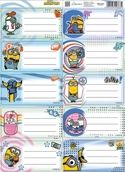 Naklejki na zeszyty BENIAMIN MINIONKI 5szt. Na arkuszu 2ark.