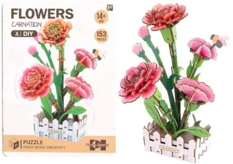 Puzzle 3D drewniane kwiaty goździki