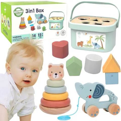 WOOPIE GREEN Pudełko Sorter Box 3w1 Klocki Piramidka Słonik FSC