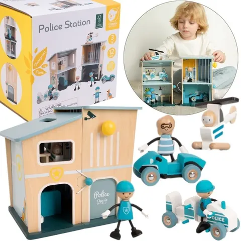 CLASSIC WORLD Posterunek Policji Drewniany Samochód Helikopter FIgurki 12el.