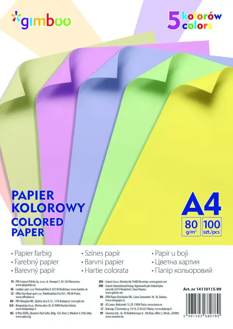 PAPIER KOLOROWY GIMBOO A4 100 ARKUSZY 80GSM 5 KOLORÓW PASTELOWYCH