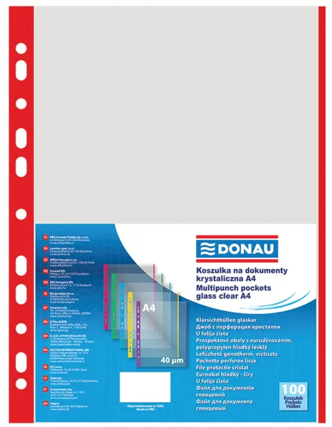 Koszulki A4 100 szt. kolorowy brzeg - czerwony przezroczyste 40mic 1774100PL-04 DONAU