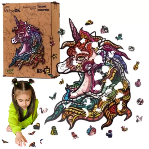 Puzzle drewniane eko 124 elementy. Tęczowy jednorożec