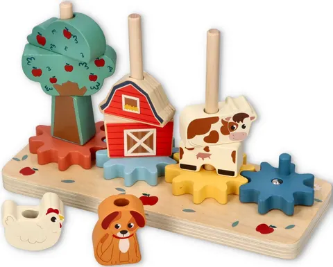 Drewniana układanka z kołami zębatymi - Zakręcona Farma, Adam Toys