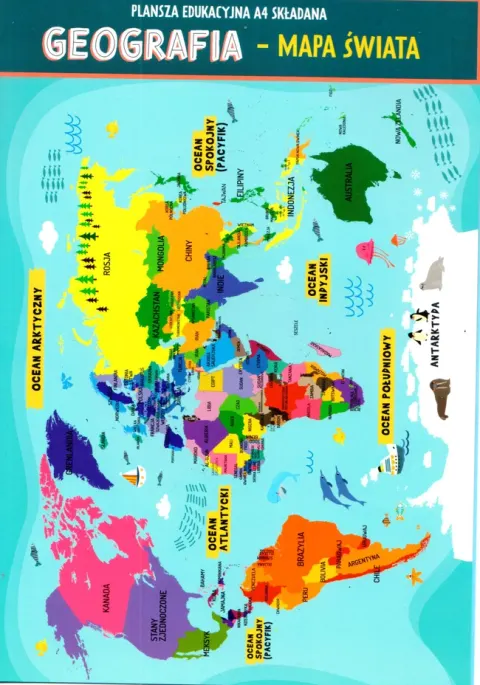 Dwustronna plansza edukacyjna A4. Geografia. Mapa świata