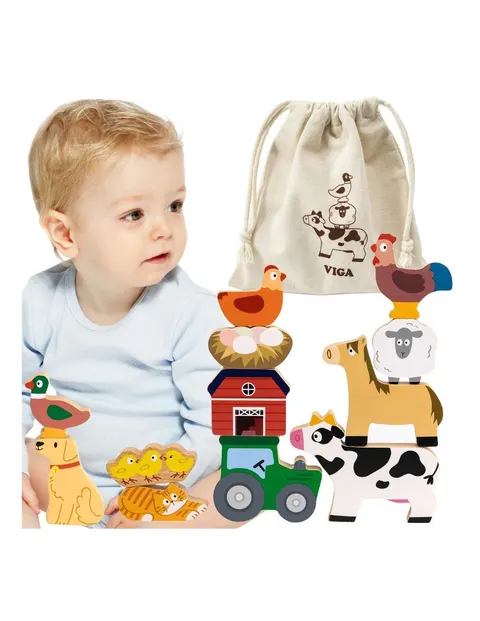 Drewniana układanka w Stosy z figurkami - Farma i Zwierzęta, Viga Toys