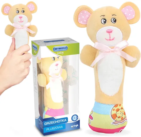 E-Edu Baby Miś pluszowa grzechotka – 16 cm, miękka, od urodzenia