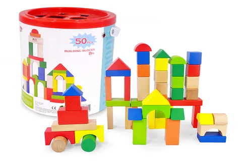 Artyk klocki drewniane 50 elementów – wiaderko z sorterem 18m+