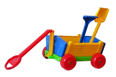 Macyszyn Toys Wózek do piasku z akcesoriami – łopatka, grabki, sitko, 2+