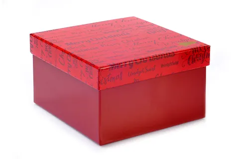 Pudełko prezentowe świąteczne czerwone z napisami – 17 x 17 cm
