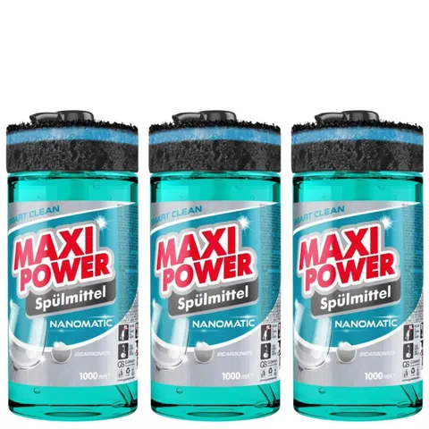 MAXI POWER Płyn do naczyń NANOMATIC pompka+gąbka 1 l, pakiet 3 szt.