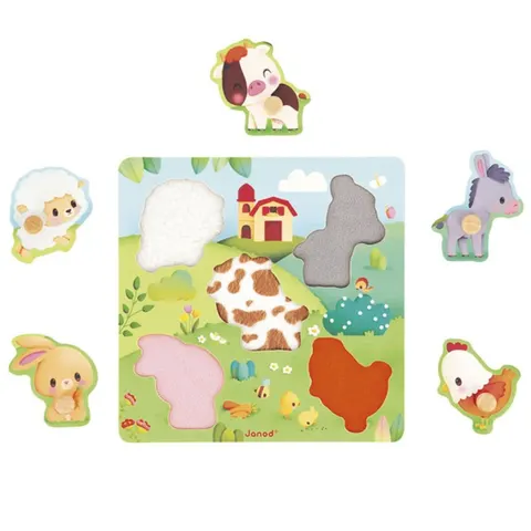 Drewniane puzzle sensoryczne Farma 18m+, Janod