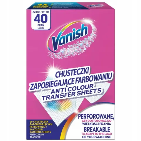 VANISH Chusteczki do prania 40 prań, 20 szt ŁAPACZ KOLORÓW, 1 op
