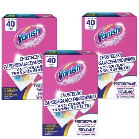 VANISH Chusteczki do prania 40 prań, 20 szt ŁAPACZ KOLORÓW, pakiet 3 opakowań