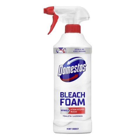 DOMESTOS Bleach Foam Pianka do Czyszczenia Toalety i Łazienki Mint Boost 435ml – Spray Wybielający z Chlorem