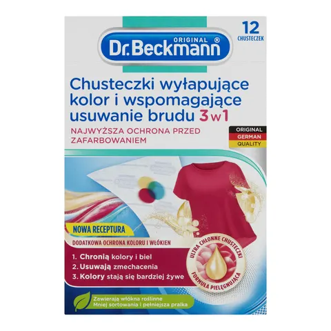 DR BECKMANN CHUSTECZKI DO PRANIA 12 SZT. ZAPOBIEGAJĄCE FARBOWANIU I WYŁAPUJĄCE BRUD 3W1