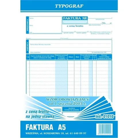 Druk "Faktura VAT Brutto" jednostawkowa TYPOGRAF 01010