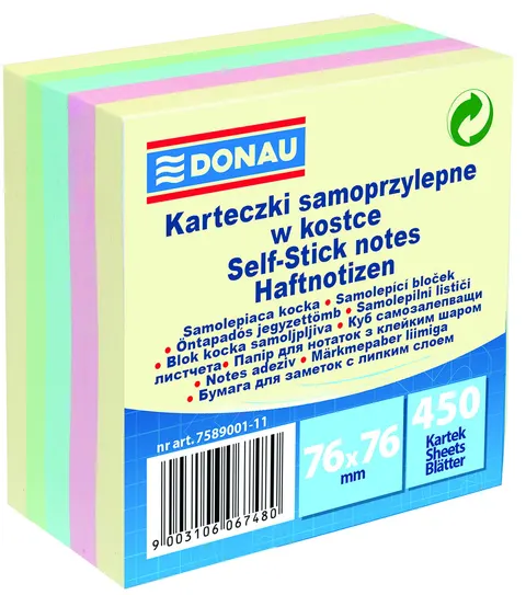 Bloczek samoprzylepny 76x76 450 kartek mix 4 kolorów pastelowych 7589001 DONAU