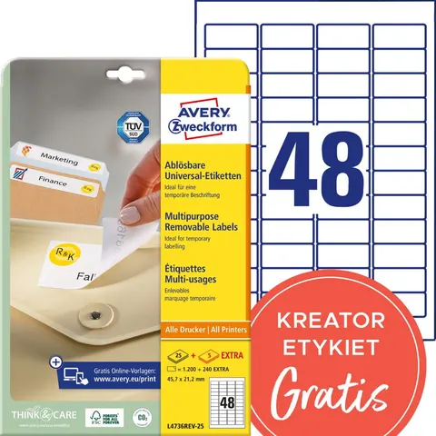 Usuwalne etykiety uniwersalne Avery Zweckform; A4, 30 ark./op., 45,7 x 21,2 mm, białe /L4736REV-25/