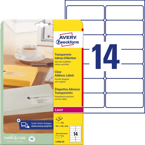 Etykiety adresowe przezroczyste Avery Zweckform; A4, 25 ark./op., 99,1 x 38,1 mm /L7563-25/