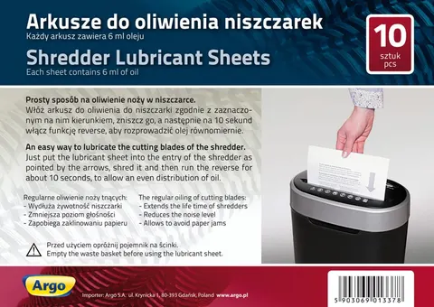 Arkusze do oliwienia niszczarek Argo opakowanie 10szt