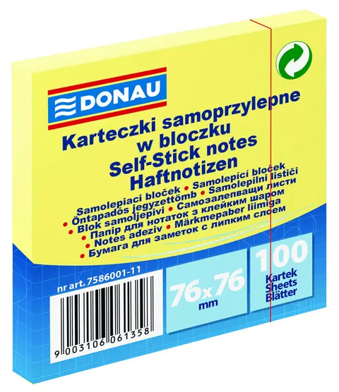Bloczek samoprzylepny 76 x 76mm DONAU 100 karteczek kol. żółty 7586001-11