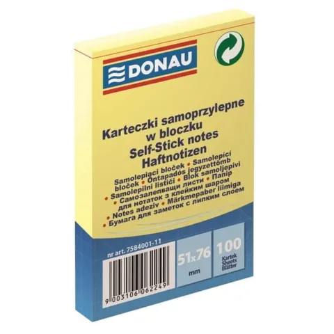 Bloczek samoprzylepny 51 x 76mm DONAU 100 karteczek kol. żółty 7584001-11