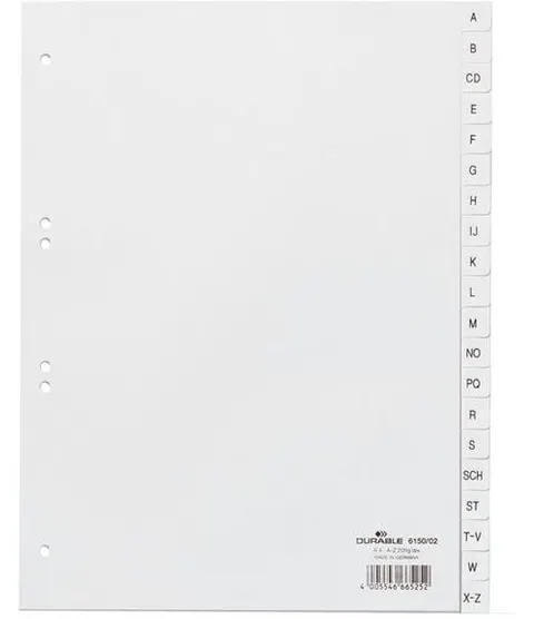 Zakładki A4 wykonane z PP nadrukowane indeksy A-Z białe 615002