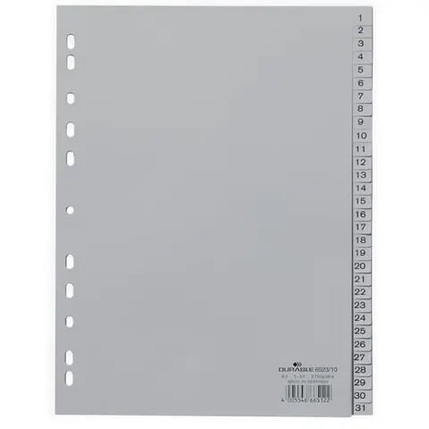 Przekładki A4 wykonane z PP nadrukowane indeksy 1-31 szare 652310