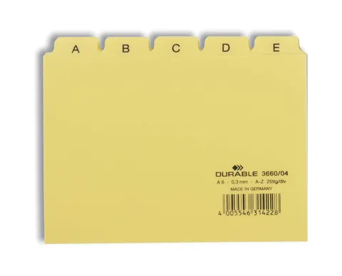 Przekładki A6 do kartotek DURABLE PP A-Z alfabetyczne 25 przekładek żółte /3660-04/