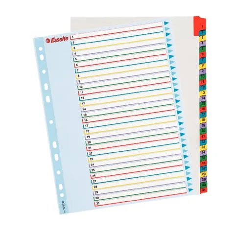 Przekładki A4 maxi kartonowe 1-31 numeryczne białe z kolorowymi indeksami MYLAR ESSELTE /100210/