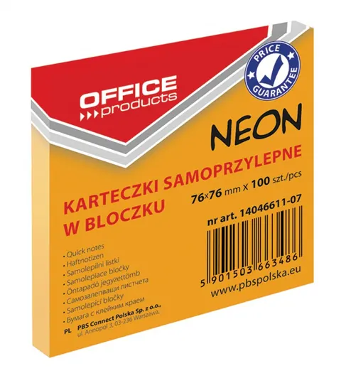 NOTES SAMOPRZYLEPNY 76x76mm 100 KARTEK NEONOWY POMARAŃCZOWY OFFICE PRODUCTS